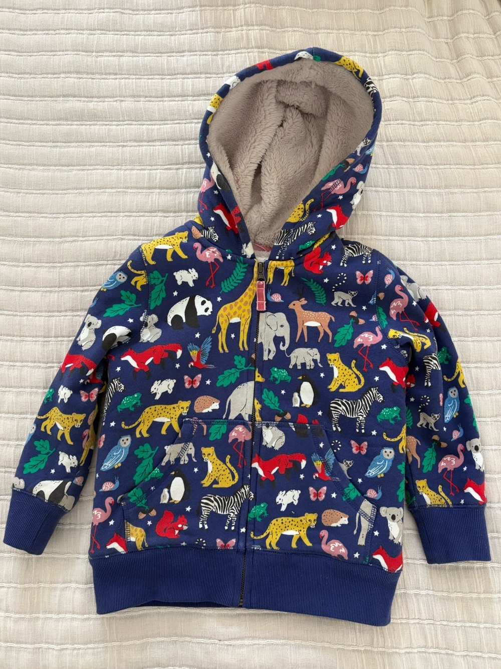Mini Boden Animal Print Faux Fur Lined Full Zip Hooded Sweatshirt Size 5-6